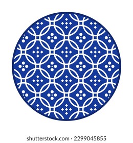 Porcelain plate with traditional blue on white design in Asian style. design pattern for background, plate, dish, bowl, lid, tray, salver, vector illustration art embroidery. circle and diamond plate.