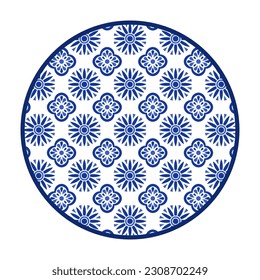 Porcelain plate with traditional blue on white design in Asian style. design pattern for background, plate, dish, bowl, lid, tray, salver, vector illustration art embroidery. flowers pattern plate. 