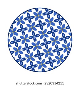 Porcelain plate with traditional blue on white design in Asian style. design pattern for background, plate, dish, bowl, lid, tray, salver, vector illustration art embroidery. leaves and flower plate.