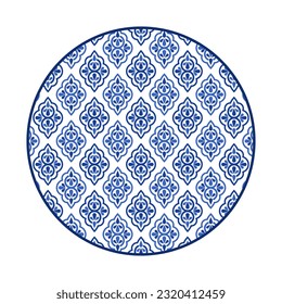 Porcelain plate with traditional blue on white design in Asian style. design pattern for background, plate, dish, bowl, lid, tray, salver, vector illustration art embroidery. culture symbol plate.
