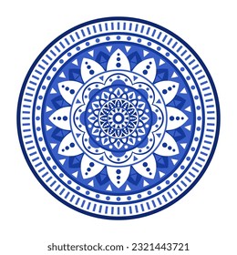 Porcelain plate with traditional blue on white design in Asian style. design pattern for background, plate, dish, bowl, lid, tray, salver, vector illustration art embroidery. mandala ornament plate.