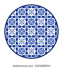 Porcelain plate with traditional blue on white design in Asian style. design pattern for background, plate, dish, bowl, lid, tray, salver, vector illustration art embroidery. Morrocco style symbol.