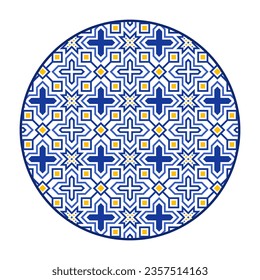 Porcelain plate with traditional blue on white design in Asian style. design pattern for background, plate, dish, bowl, lid, tray, salver, vector illustration art embroidery. geometric star pattern.