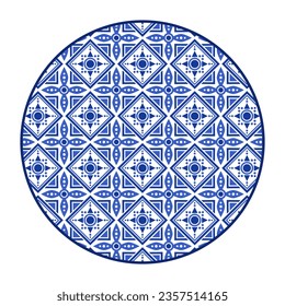 Platos de porcelana con un diseño tradicional azul sobre blanco al estilo asiático. patrón de diseño para fondo, plato, plato, tazón, tapa, bandeja, salver, ilustración vectorial bordado de arte. patrón de diamante floral.