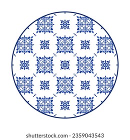 Porcelain plate with traditional blue on white design in Asian style. design pattern for background, plate, dish, bowl, lid, tray, salver, vector illustration art embroidery. symbols and dot pattern.