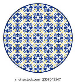 Porcelain plate with traditional blue on white design in Asian style. design pattern for background, plate, dish, bowl, lid, tray, salver, vector illustration art embroidery. Turkish symbol pattern.