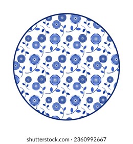 Platos de porcelana con un diseño tradicional azul sobre blanco al estilo asiático. patrón de diseño para fondo, plato, plato, tazón, tapa, bandeja, salver, ilustración vectorial bordado de arte. placa de patrón de flores.