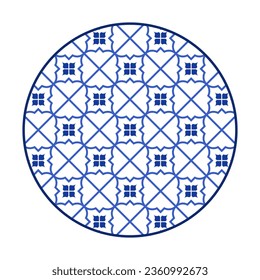 Porcelain plate with traditional blue on white design in Asian style. design pattern for background, plate, dish, bowl, lid, tray, salver, vector illustration art embroidery. grid and symbol pattern.