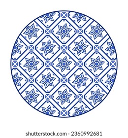 Platos de porcelana con un diseño tradicional azul sobre blanco al estilo asiático. patrón de diseño para fondo, plato, plato, tazón, tapa, bandeja, salver, ilustración vectorial bordado de arte. patrón de flor geométrica.