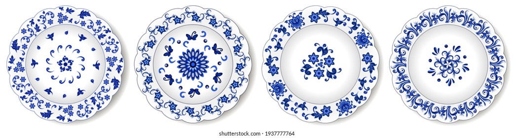 Platos de porcelana, con un adorno oriental azul sobre blanco. Resumen de motivos florales con elementos decorativos indios y chinos. Aislado sobre fondo blanco. Ilustración del vector