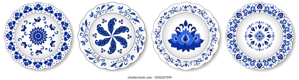 Porcelain plates, blue on white oriental ornament. Abstract floral pattern with Indian and Chinese decorative elements. Isolated on white background. Vector illustration