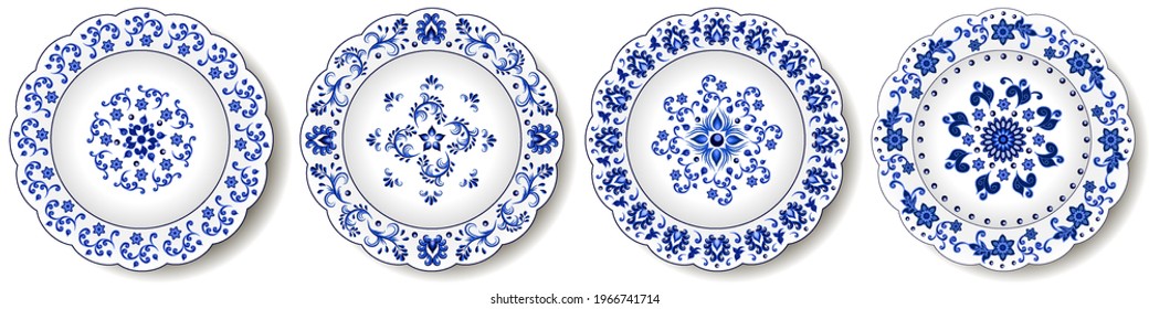 Porcelain plates, blue on white pattern in oriental asian style. Abstract floral ornament with Chinese and Indian design  motives. Decorative plate or dish.  isolated. Vector illustration