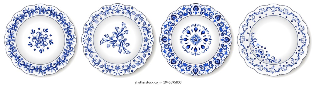 Porcelain plates, blue and white oriental ornament. Abstract floral pattern with traditional decorative elements. Chinoiserie design for ceramics. Isolated objects. Vector illustration