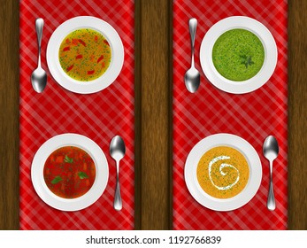 Porcelain plates with different soups on a tablecloth on a wooden table. The table in the restaurant. Realistic style. Vector illustration.