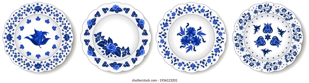 Porcelain plates ornate with  blue floral pattern. Traditional style decor, rose, tulipes, cornflowers, leaves. Oriental decor. Vector illustration, set of isolated objects