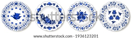 Porcelain plates ornate with  blue floral pattern. Traditional style decor, rose, tulipes, cornflowers, leaves. Oriental decor. Vector illustration, set of isolated objects