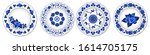 Porcelain plates ornate with floral pattern, blue on white. Set of decorative elements isolated. Traditional design in oriental Chinese style, roses and exotic flowers. Vector illustration