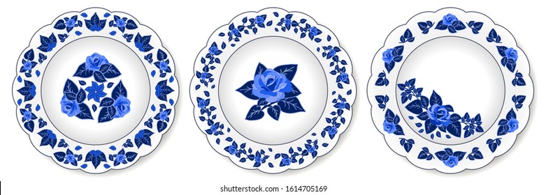 Porcelain plates ornate with floral pattern, blue on white. Set of decorative elements isolated. Traditional design in oriental Chinese style, rose flowers and leaves. Vector illustration