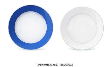 Porcelain plates with reflexes and reflections on white background, closeup. White plate without pattern and platter with a blue border