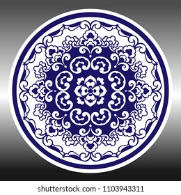 Porcelain plates with traditional blue-on-white design in Chinese style. Isolated objects, Vector illustration. Traditional design in oriental Chinese style. Clip Art. 