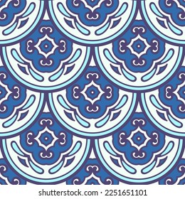 Porcelain seamless pattern vector. Floral ornament blue and white ceramic painting design, beautiful chinese background