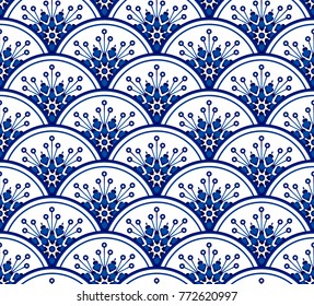 Porcelain Seamless Pattern Vector, Floral Ornament On Watercolor Blue And White Ceramic Painting Design, Beautiful Chinese Background