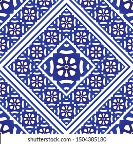 Porcelain seamless wallpaper, decorative floral background, blue and white vases flower ornament, ceramic tile pattern, indigo backdrop for design floor, tile, carpet, texture, fabric, paper, vector