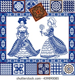 Porcelain set. Blue Ceramic Tiles Collage. Mosaic. Hand-drawn Ladies in ball dresses. Glazed tiled borders. Vintage Tilework Collection. Spanish, Portuguese, Morrocan motifs. Mediterranean ceramic.
