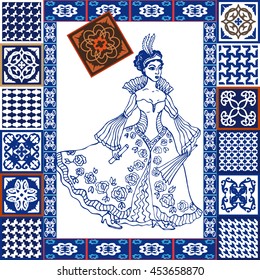 Porcelain set. Blue tiles collage. Princess in beautiful dress. Spanish, Portuguese, Moroccan motifs. Mediterranean ceramic.
