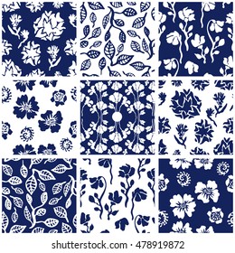 Porcelain set with oriental motifs. Collage with floral patterns. Seamless leaves print, abstract flowers. Indian, Turkish, Chinese ornaments. Blue, White.