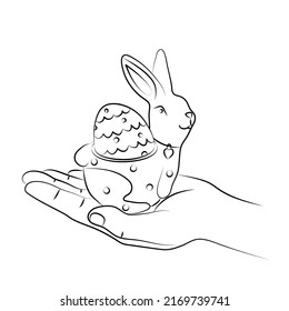 Porcelain stand for egg in form of rabbit in palm of person. Cute easter bunny and painted egg are symbols of religious spring holiday. Coloring page for kids and adults. Sketch, linear drawing