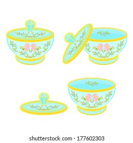 Porcelain Sugar bow  with floral pattern part tea service vector illustration 