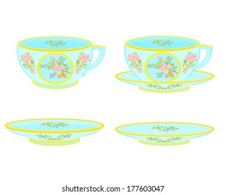 Porcelain tea cup and saucer with floral pattern vector illustration 