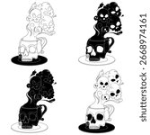 Porcelain tea cup shaped like a human skull, coffee cup shaped like a skull and its saucer, demonic cup with toxic death smoke