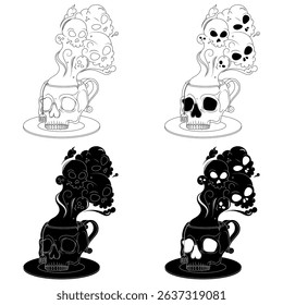 Porcelain tea cup shaped like a human skull, coffee cup shaped like a skull and its saucer, demonic cup with toxic death smoke