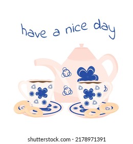 Porcelain Tea pair with teapot and dryers with the text of a good day. Can be used for menu design, cafe, poster, fabric, wrapping paper, banner, restaurant.Vector illustration in a flat style