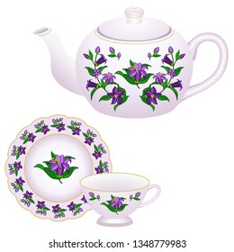 Porcelain tea party set decorated in oriental style. Teapot, tea cup and plate, China ware, isolated objects. Colorful flowers and leaves. Vector illustration