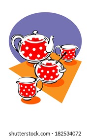 Porcelain tea service red with white polka dots