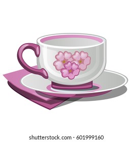 Porcelain tea set of cup and saucer with image of pink flower isolated on white background. Vector cartoon close-up illustration.

