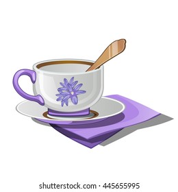 Porcelain tea set of cup with spoon and saucer with image of purple flower isolated on white background. Vector cartoon close-up illustration.