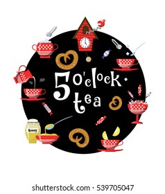 Porcelain tea set. Five o'clock tea. Design concept for cafe, confectionery, tea shop. Porcelain set, Cuckoo-clock, candies, tea bags, sugar, milk, honey, bagel, lemon, jam.