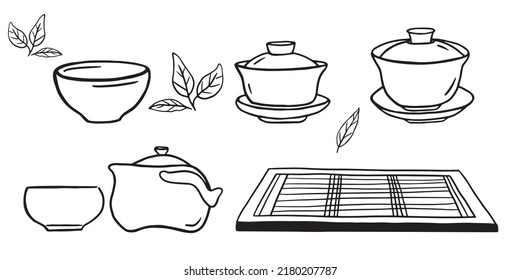 Porcelain tea ware set. Chinese tea ceremony doodle illustrations