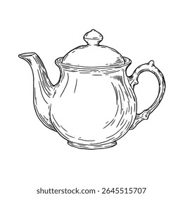 Porcelain teapot, black and white ink sketch. Vector illustration.An elegant teapot for tea drinking, isolated on a white background. The theme of cuisine, cooking, cafes and restaurants