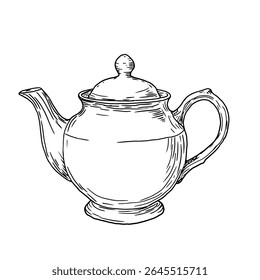 Porcelain teapot, black and white ink sketch. Vector illustration.An elegant teapot for tea drinking, isolated on a white background. The theme of cuisine, cooking, cafes and restaurants