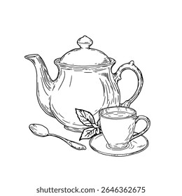 A porcelain teapot and a cup of coffee, a black and white ink sketch. Vector illustration. Tea composition, with tea tree leaves, a spoon and a mug on a saucer, isolated on a white background