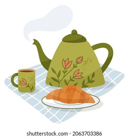 Porcelain teapot with a cup and croissant stands on a napkin. Summer picnic. Ceramic kitchenware in hand drawn style.  Vector flat illustration.