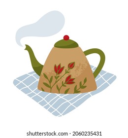 Porcelain teapot with a floral ornament stands on a napkin. Ceramic kettle in hand drawn style. Vector flat illustration.