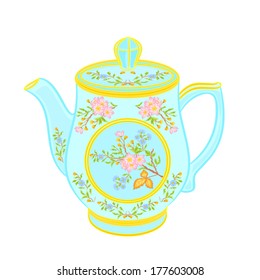 Porcelain teapot with floral pattern part tea service vector illustration 