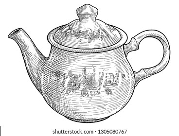 Porcelain teapot illustration, drawing, engraving, ink, line art, vector