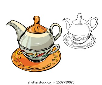 Porcelain teapot with saucer for tea party set ornate in Russian traditional style. Isolated object with oriental floral pattern, green and orange, Vector illustration